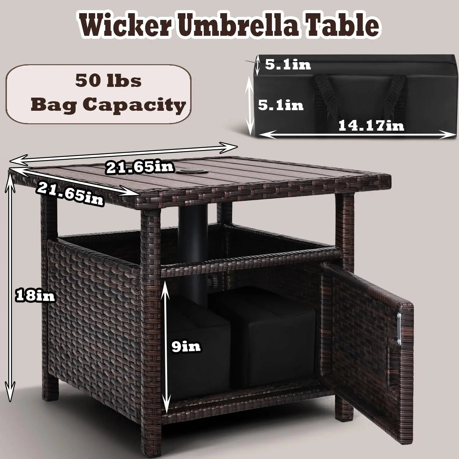 우산 테이블 (무게추 2개 포함) 야외 파티오 우산 사이드 테이블 (우산 구멍 포함) 소형 갈색 위커 엔드 테이블 (야외용)