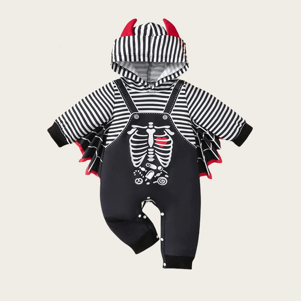 2024 Halloween Baby Outfits Skull print Lmp Hooded Romper Bat Black stripe Romper Toddler Baby Performance Costume