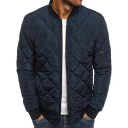 Men Quilted Padded Jacket Casual Zip Up Winter Warm Jacket Casual Plaid Stand-Up Zip Coat Windproof Outwear