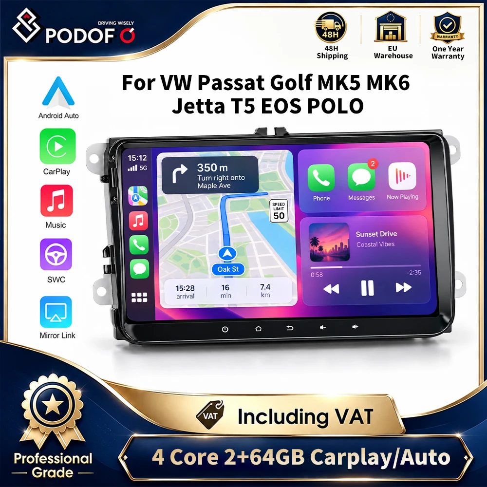 Podofo 9'' Android 13 Lettore Multimediale per Auto con Carplay Wireless per VW Passat Golf MK5 MK6 Jetta Touran Tiguan Caddy Polo EOS Scirocco Seat Altea Leon Skoda Octavia