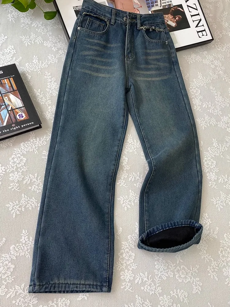 

Женские джинсы прямого кроя на флисовой подкладке из плотного вельвета, свободные широкие брюки с высокой талией, длинные штаны, осенне-зимняя мода