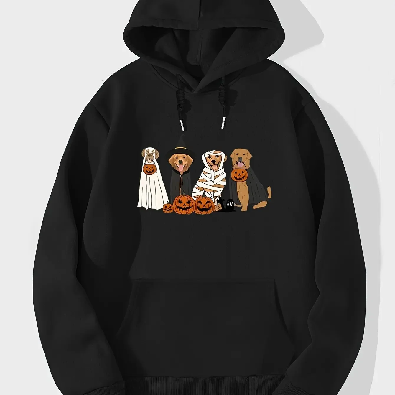 Cute Halloween Golden Retriever Dog Cosplay Outfits Jack O Lantern Rip Tombstone Graphic Hoodie Oversized Black Pullover Top