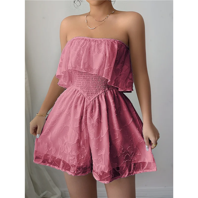 CYL-Mono corto de playa con cintura elástica plisada sin tirantes y estampado floral informal con hombros descubiertos para mujer