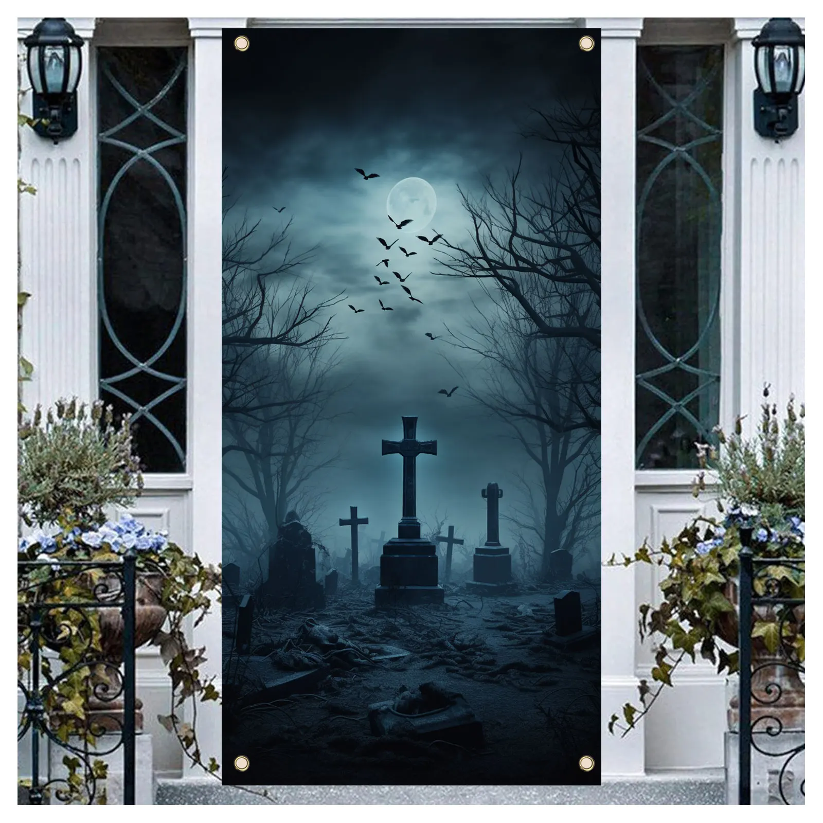 70 × 35 calowy Halloween transparent drzwi w pełni księżyca cmentary fotografia nietoperza zdjęcie pokrywa transparent dekoracje na Halloween