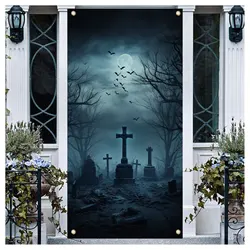 70 × 35 calowy Halloween transparent drzwi w pełni księżyca cmentary fotografia nietoperza zdjęcie pokrywa transparent dekoracje na Halloween wystrój wnętrz