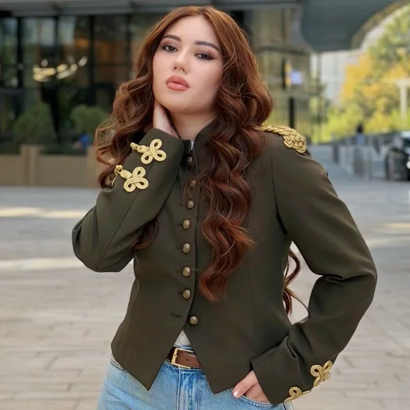 Crop Fitted 2026 Jacket Women's Jacket Autumn Frog Knot Button Long Sleeve Top Military Style Blazer Streetwear Outerwears