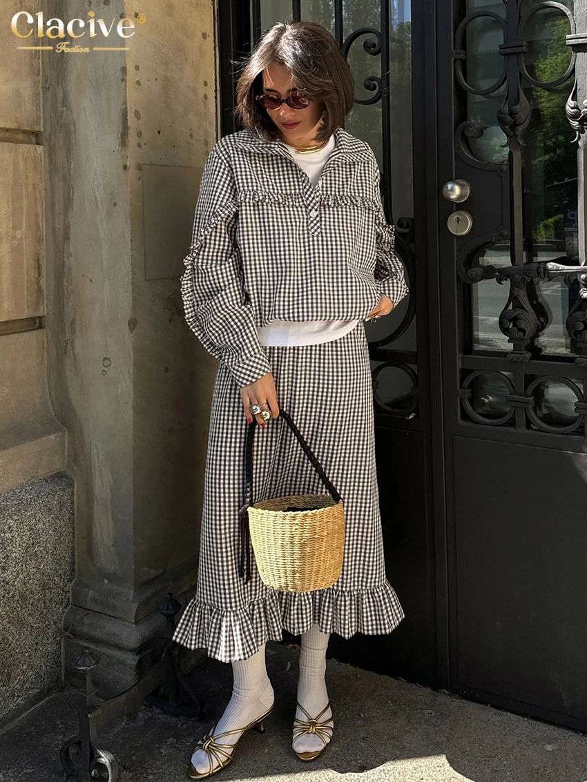 Clacive Fashion Loose Plaid Women's Two Pieces Set 2025 Elegant Long Sleeve Shirt With High Waist Midi Skirt Set Female Clothing image 4