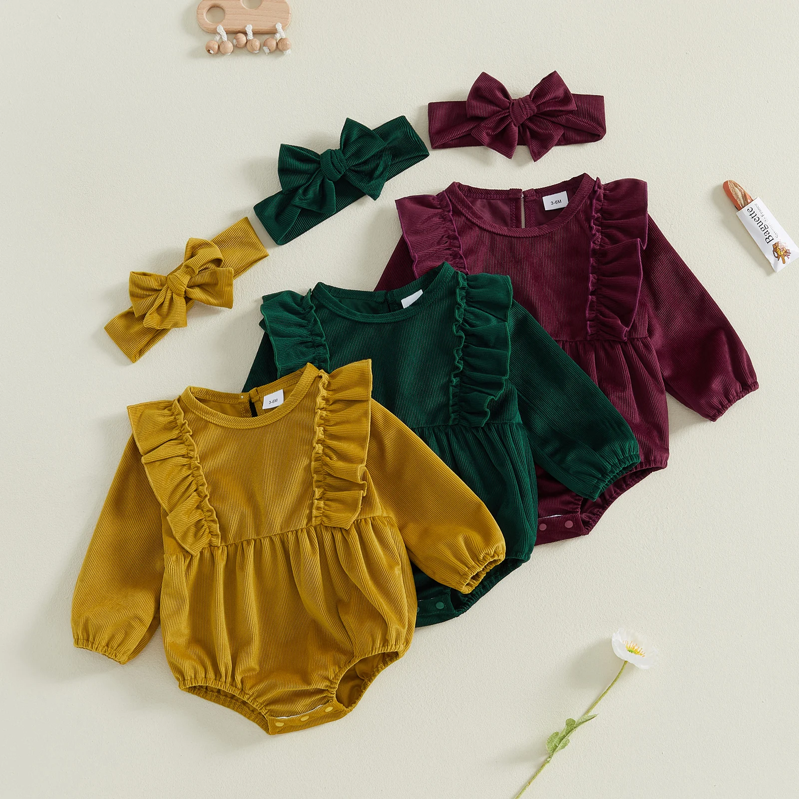 

2-Piece Baby Girls Velvet Set Ruffled Trim Long Sleeve Round Neck Romper Headband Adorable Winter Warm Jumpsuits Outfits