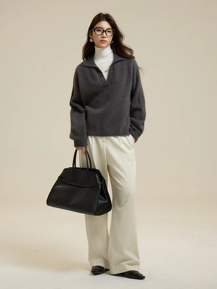 Birdtree,30.2% Sheep Wool Knitted Polo Neck Sweater,Woman Lapel Full Sleeve Solid Knitwear,2025 Autumn Loose Pullover T59926JF