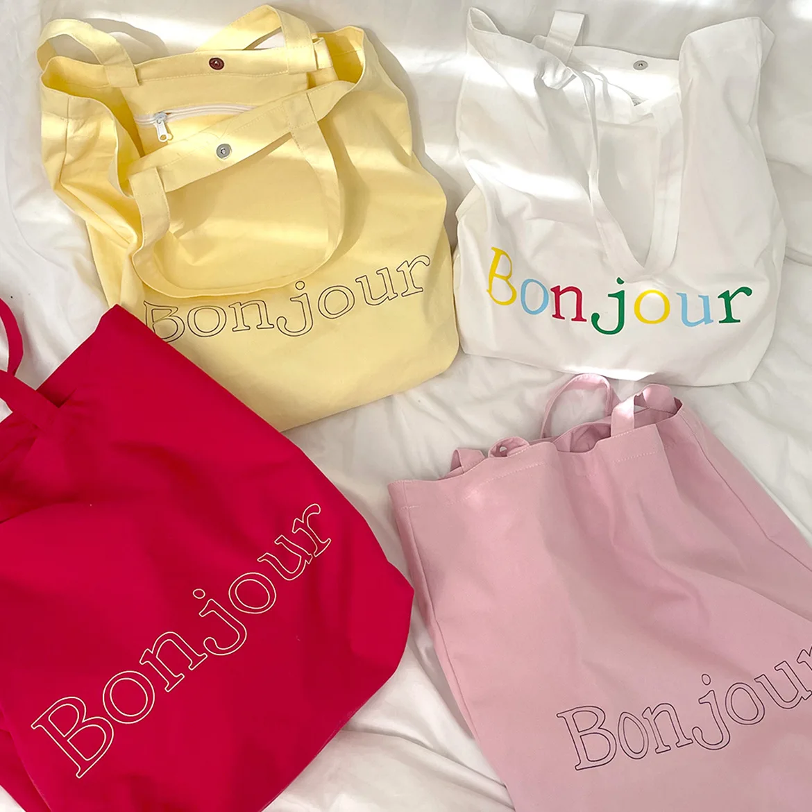 

Large-capacity Bag Letter Bonjour Colourful Tote Bag Cotton Canvas Magnetic Closure Inside Zip Pocket Female Storage Organizers