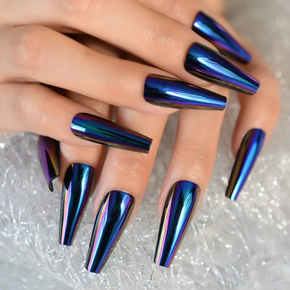 IMABC press on false nails long size dark blue chrome ballet for women girls hand art