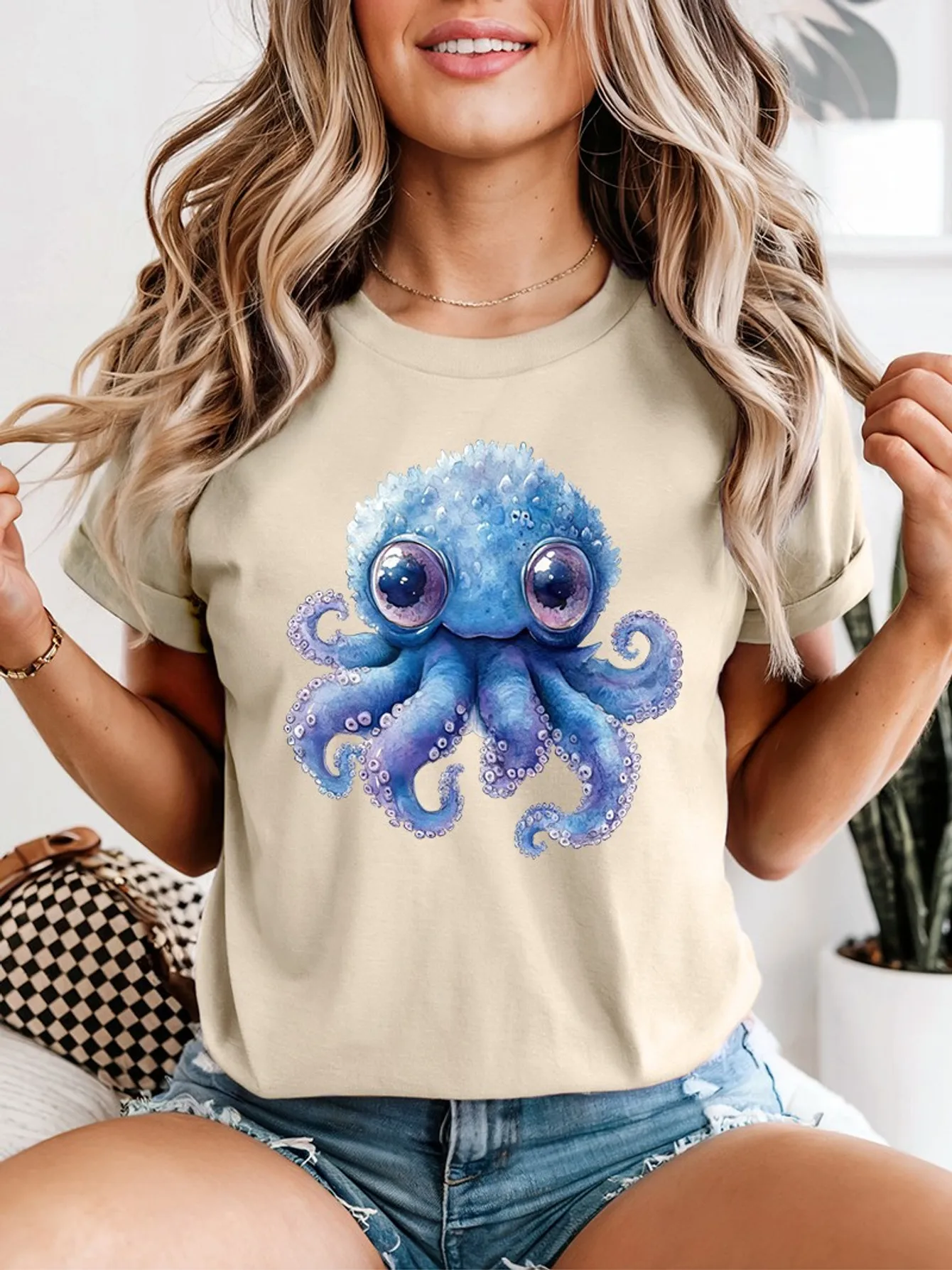 Cute Watercolor Blue Octopus Big Eyes Marine Creature Art Print Graphic Ladies T Shirt Short Sleeve Crew Neck Casual Tee Tops