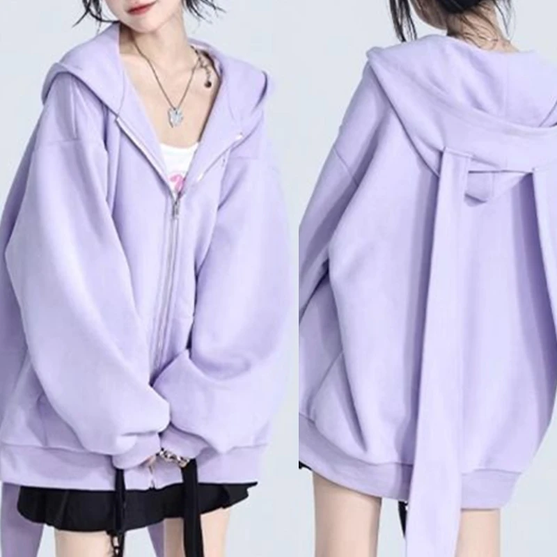 Women Cute Long Rabbit Ears Hoodie Jackets Y2K Girls Harajuku Solid Color Zipper Up Sweatshirt Autumn Casual Loose Cardigan Coat