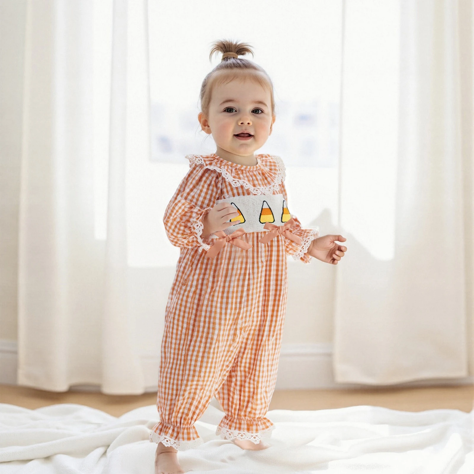 

Baby Clothing Girl Halloween Romper Embroideried Plaid Lace Trim Crew Neck Long Sleeve Jumpsuit for Fall