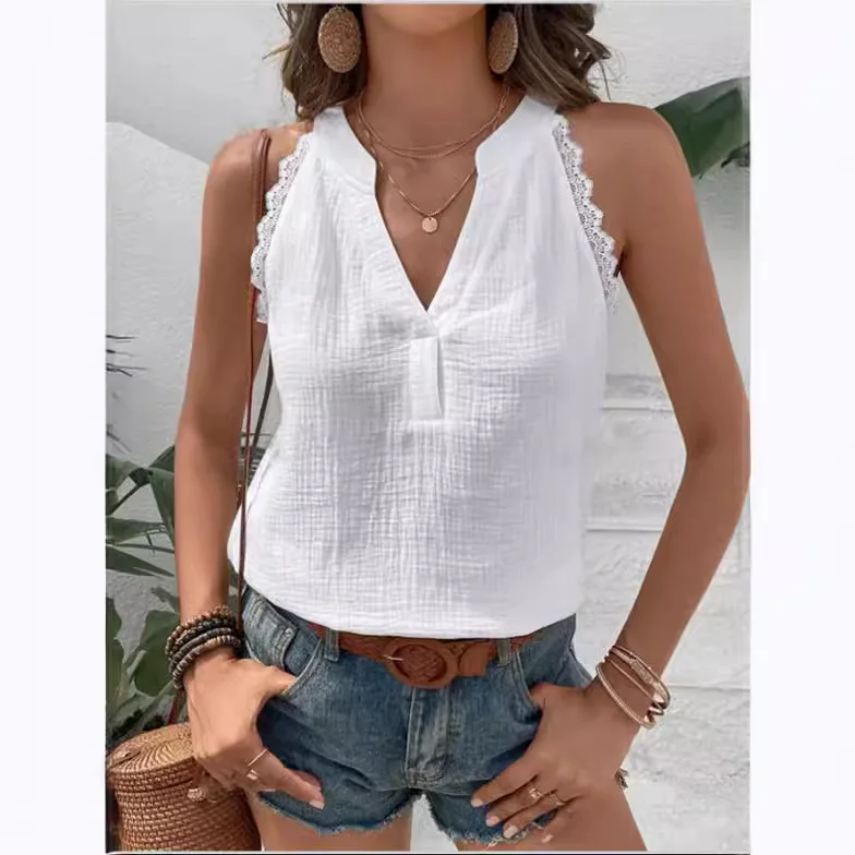 2025 Summer Women's Vest White V-neck Off-shoulder Top Black Simple Lace Casual Basic Sleeveless Shirt Tank for Female