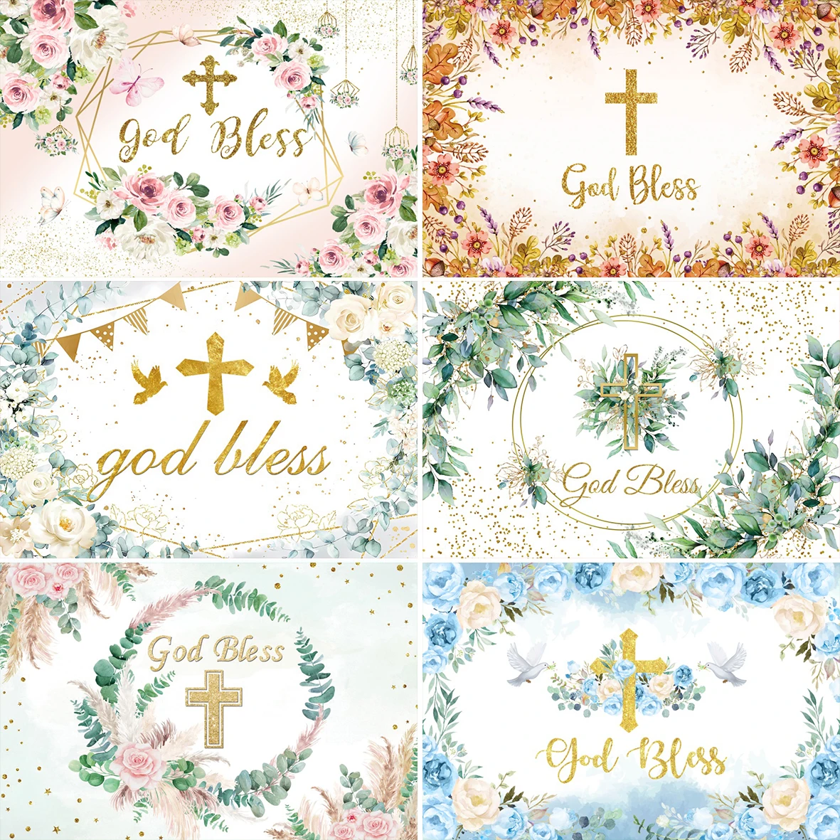 

God Bless Background Boy Girl Baptism Golden Cross Flowers Pigeon Decor Holy Communion Christening Photography Backdrop Banner