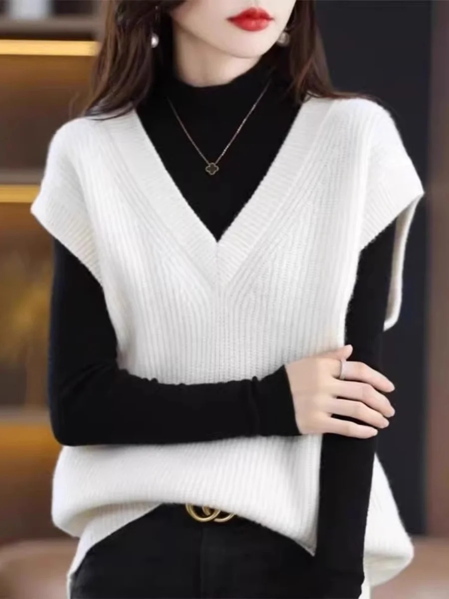 Ladies Thiened Large Size Woolen Vest Autumn New Sle V-Ne Svel Camere Cardigan Loose Korean Version Top