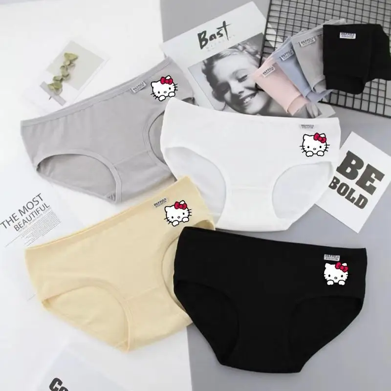 

4Pcs Sanrio All Cotton Briefs Hello Kitty Black Panties Fashion Girls Student Low Waist Hot Color Cute Women Large Size Briefs