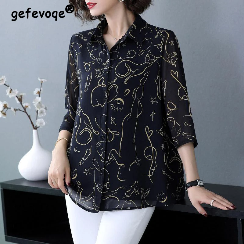 Fashion 3/4 Sleeve Print Lapel Chiffon Shirt Oversized Loose Tops Summer Autumn Women Clothing Commute Elegant Button Up Blouse