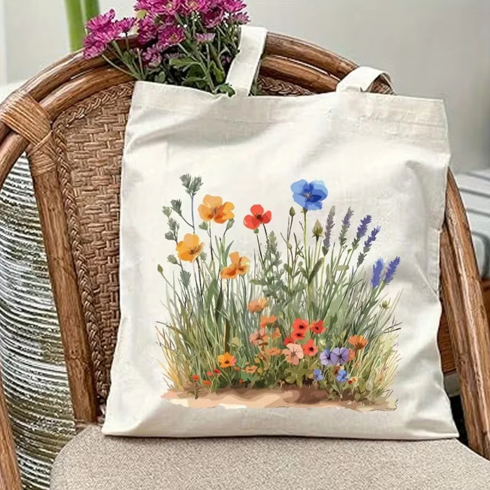D Flat Single-Piece Everyday Comfort: Brightly Colored Wildflower Print Tote Bag, Large Capacity Durable Handbag, Exquisite Spring Design, Suitable for Women Perfect for Picnics, Parties, Travel, Shopping, and Outdoor Activities.