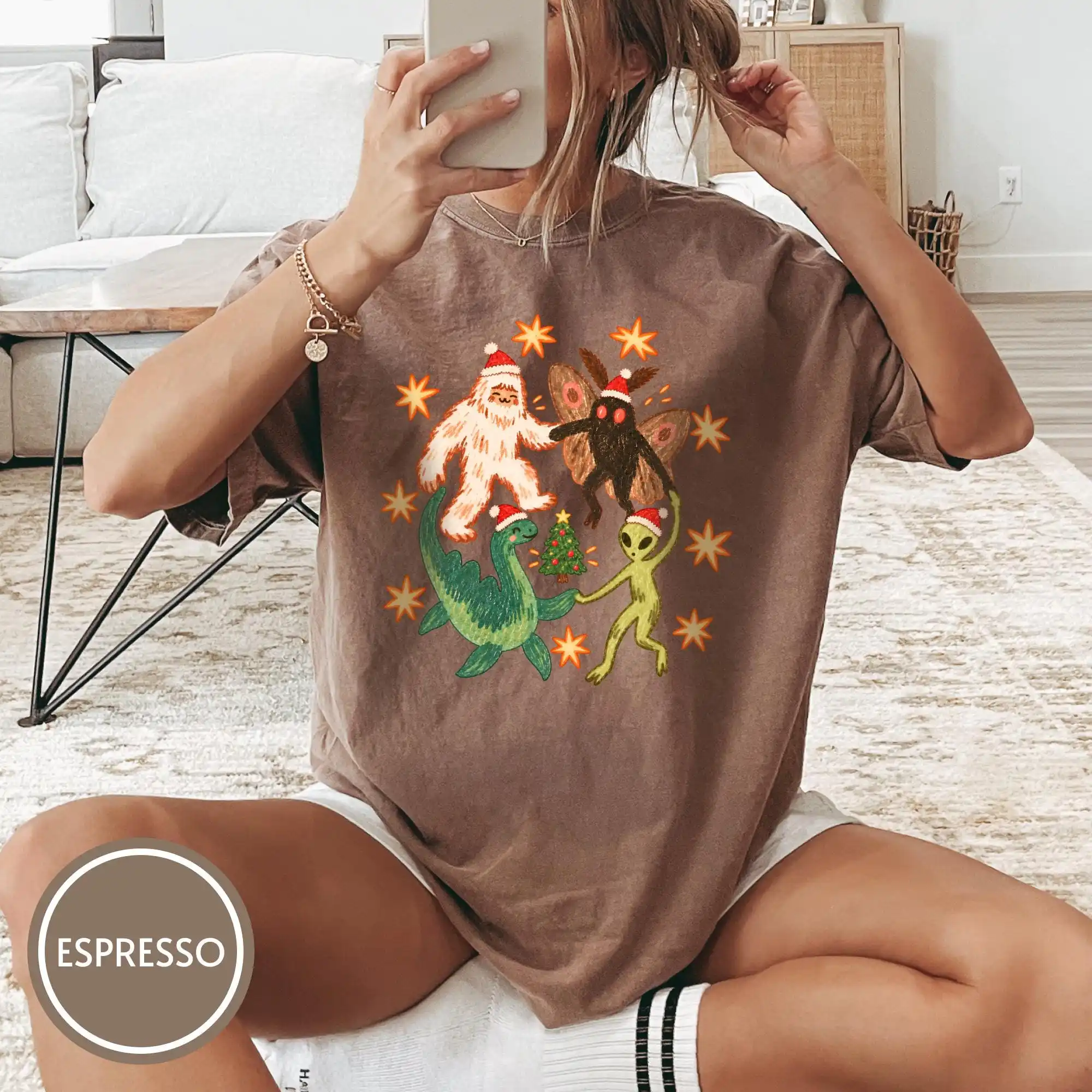 Dancing Cryptids Christmas Tee, Bigfoot Mothman Alien Holiday Gift, Family Winter Unisex Shirt, Winter T-Shirt, Weird Xmas Gift