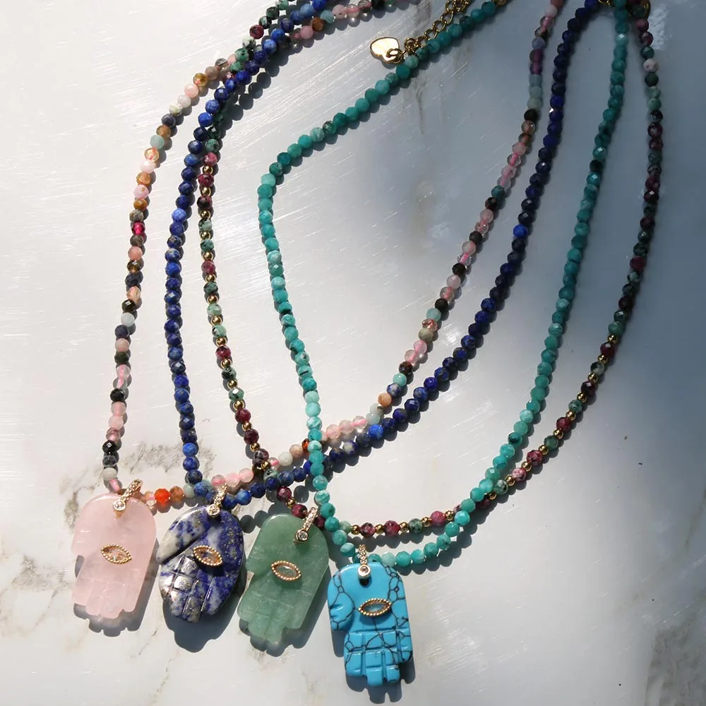 2026 popular Bohemian style Devil's Eye Buddha Hand Pendant natural stone beads chain Necklace go to Beach Travel Accessories