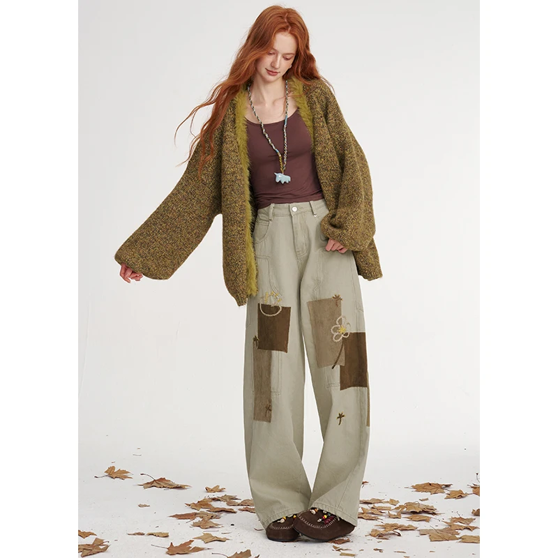 ELFSACK Women's Loose Patchwork Pants with Color Block Design, Casual Straight Trousers for Everyday, Vintage Style Bottoms