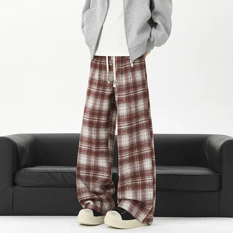 American Retro Checkered Casual Pants for Men Tide Wide Leg Casual Pants Hip-hop Streetwear Baggy Trousers