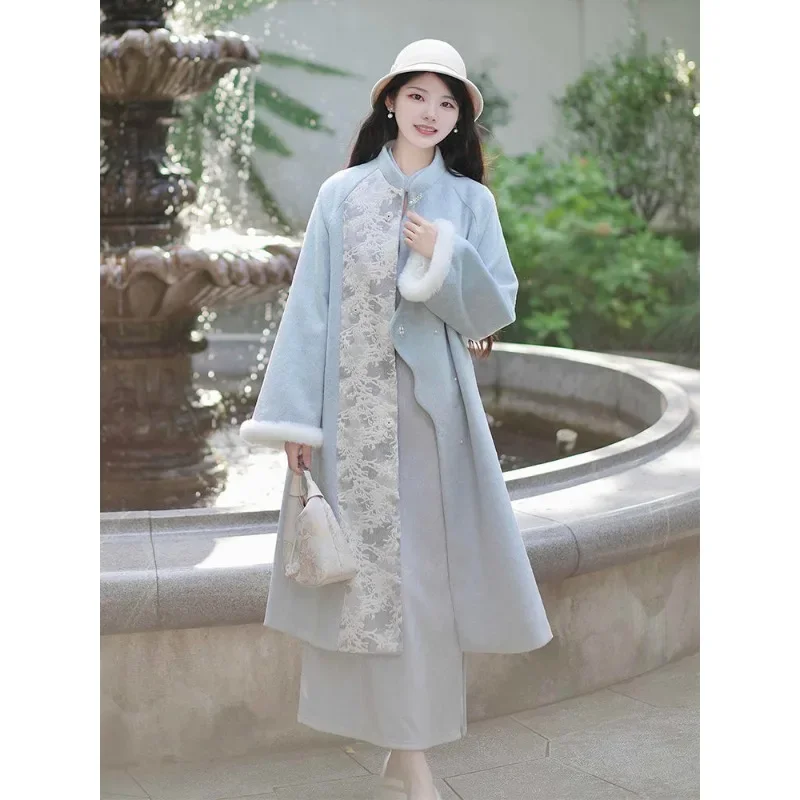 

Зимнее элегантное темпераментное шерстяное пальто, модное темпераментное дизайнерское чувство женщин, жаккардовое пальто в китайском стиле с воротником-стойкой