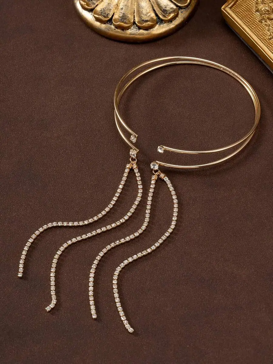 Womens Metal Cuff Bracelet With Long Crystal Tassel Arm Band Party Jewelry