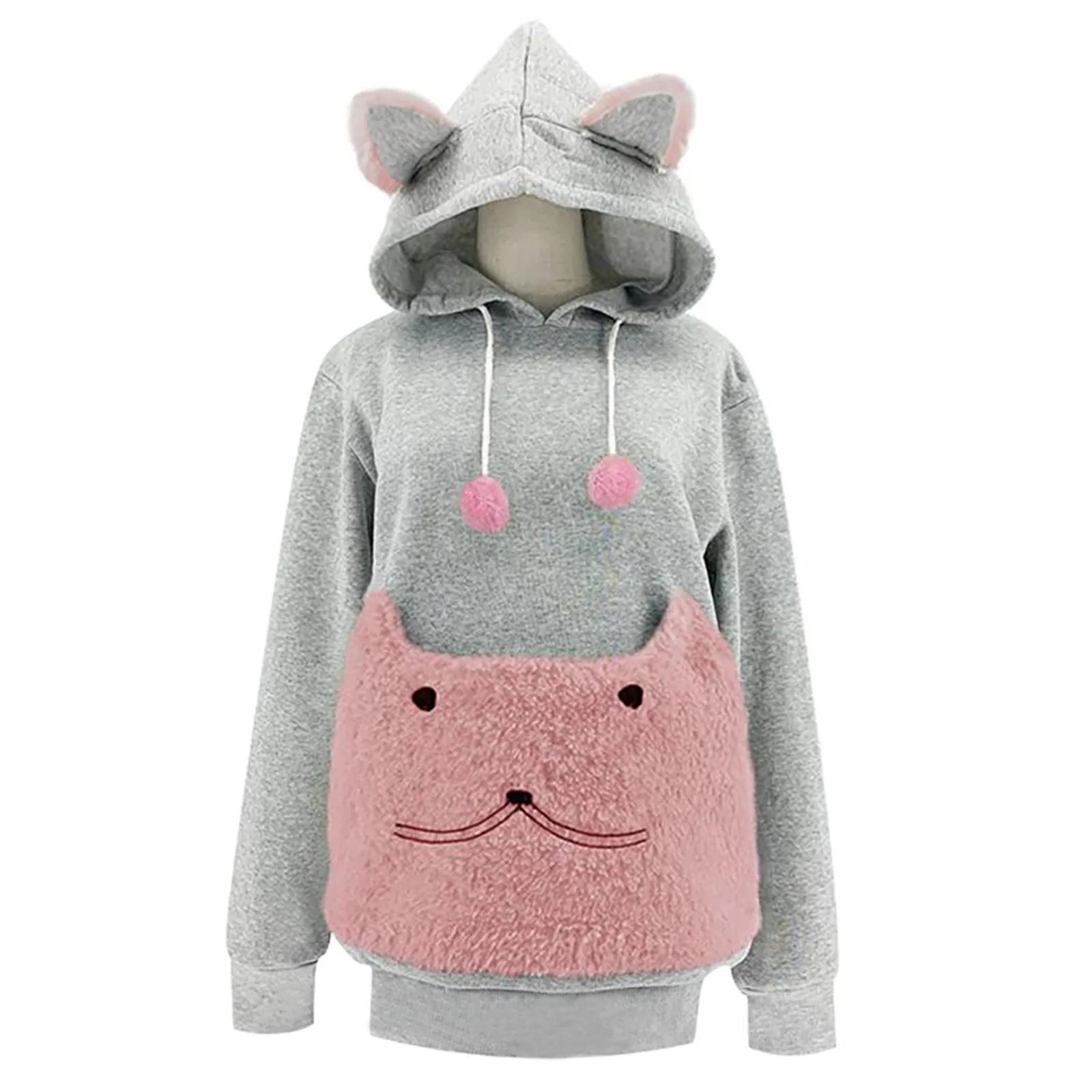 Plush Cute Pet Large Kangaroo Pocket Hoodies Women Cute Pet Holder Carrier Loose Hooded Sweatshirts Casual Winter Warm Tops