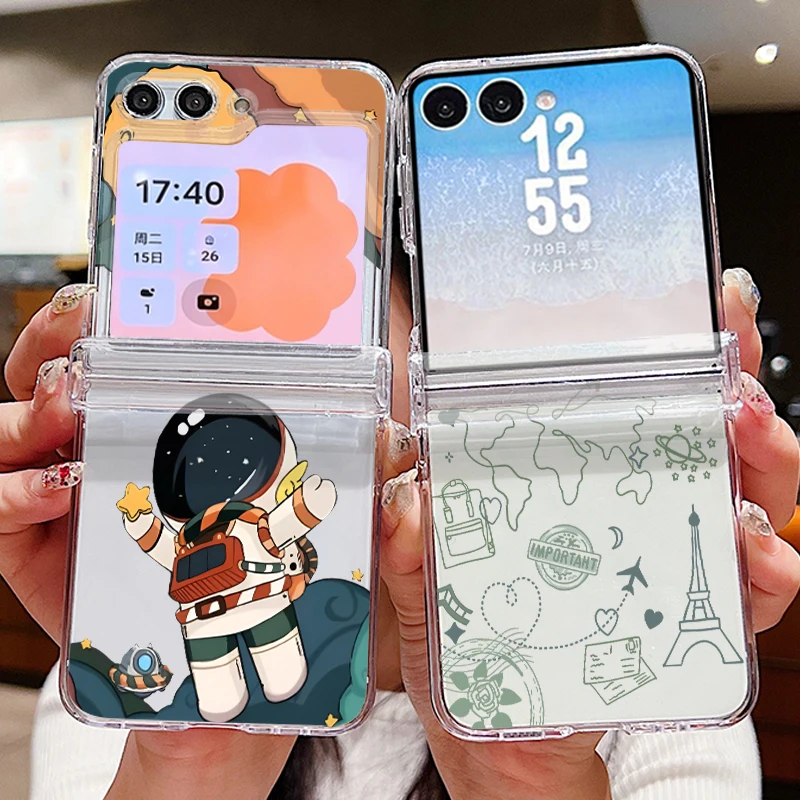 Cartoon Astronaut Pattern Phone Case For Samsung Galaxy Z Flip 7 6 5 4 3 5G Flip7 Flip6 Clear Shockproof Folding Hard PC Cover