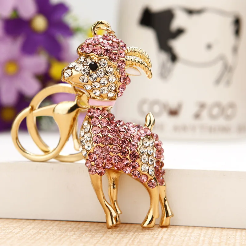 Cute White Rhinestones Sheep Keychain Keyring High End Metal Zinc Alloy Women Children Bag Key Charm Accessories Pendant Gift