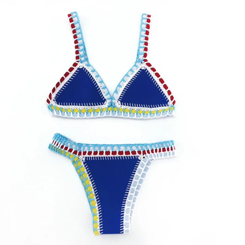 Women Sexy Crochet Swimsuit Knitting Triangle Bikinis Set Neoprene Blue Elastic String Swimwear Female