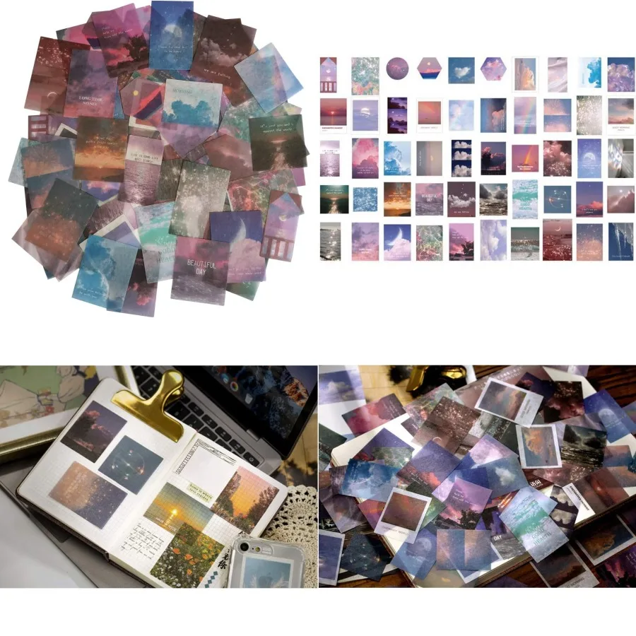 

Kawaii Washi Paper Stickers Set 100 Pieces Moon Star Starry Light Colorful Sky Cloud Sea Surface Decals for Arts and Crafts DIY