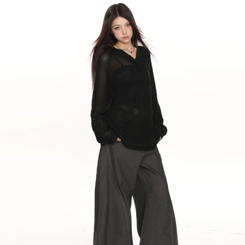 Paar Hol Gebreide Trui Borduren Grafische T-shirts Vrouwen Straat Harajuku Sexy Y2k Tops Losse Casual Trui Cover Up