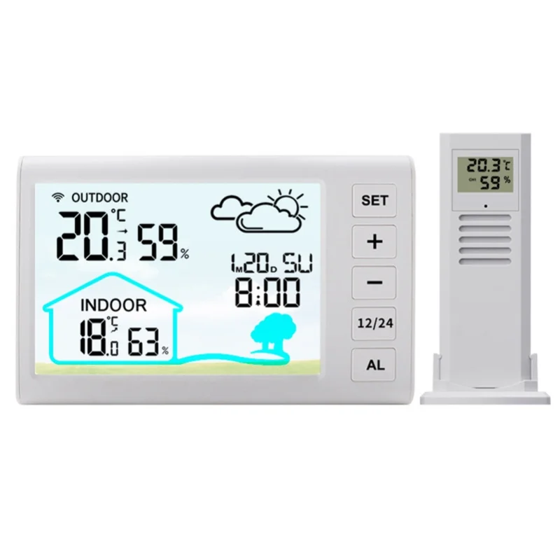 Wireless Weather Station Indoors Outdoors Temperature Display Clock Alarm Adjustable Backlight