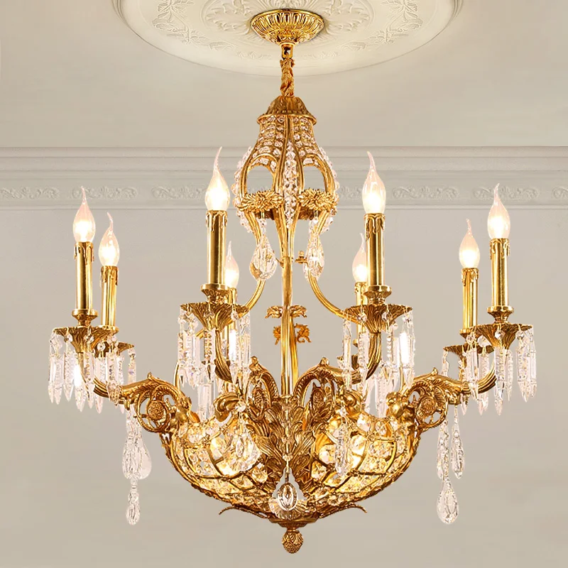 

French Baroque Copper Chandeliers Decoration Living Dinning Room Dome Foyer European Gold Brass Crystal Pendant Light