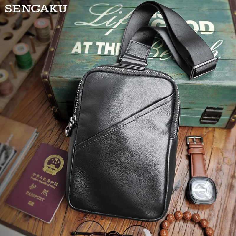 Hot Sale Men\'s Genuine Leather Chest Bag Large Capacity Male Messenger Shoulder Bag Classic Chest Pack