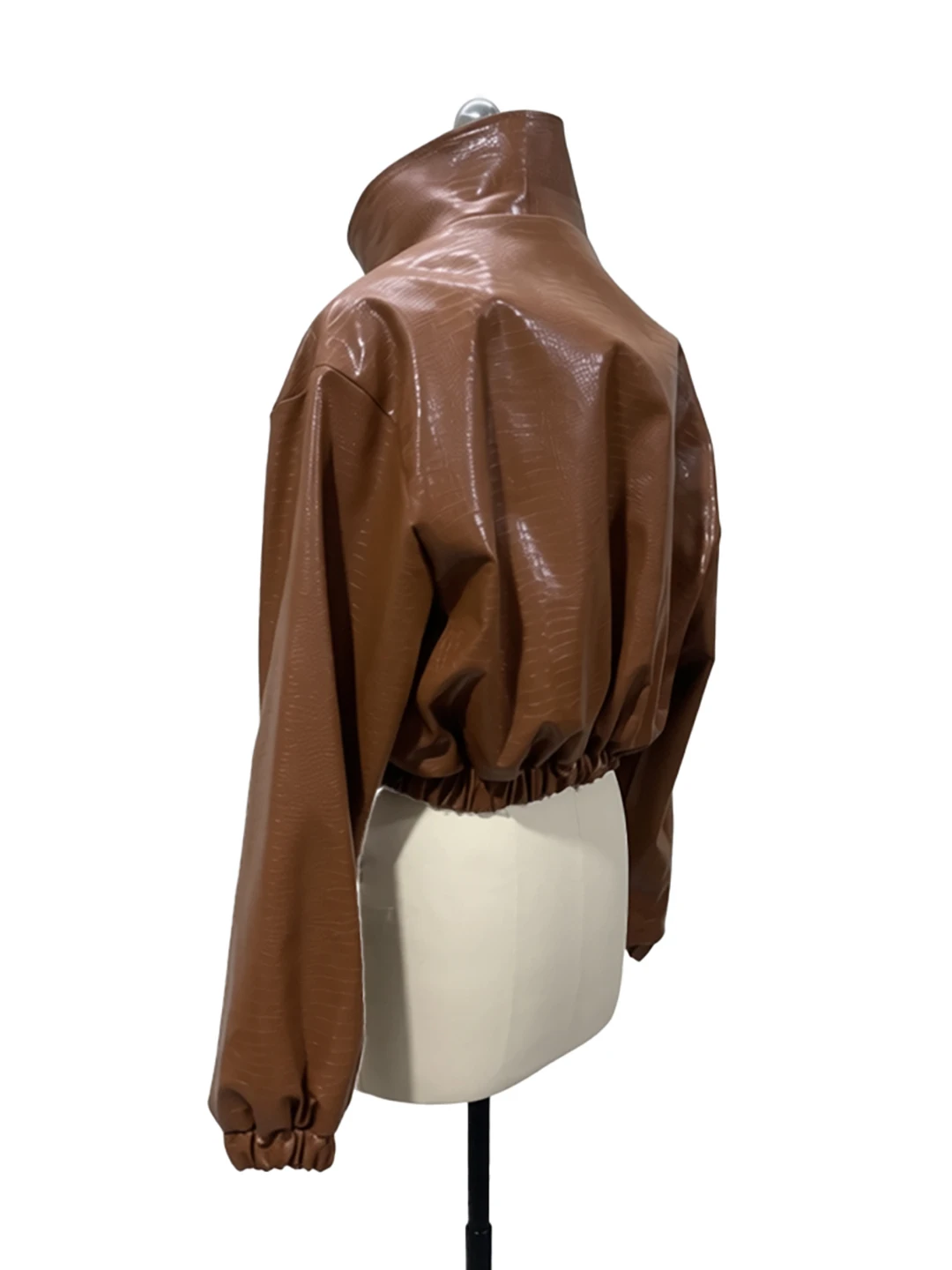 Nerazzurri Brown Crocodile Pattern Short Sleeveless Women's Jacket Stand Collar Long Sleeve PU Leather Coat Spring Early
