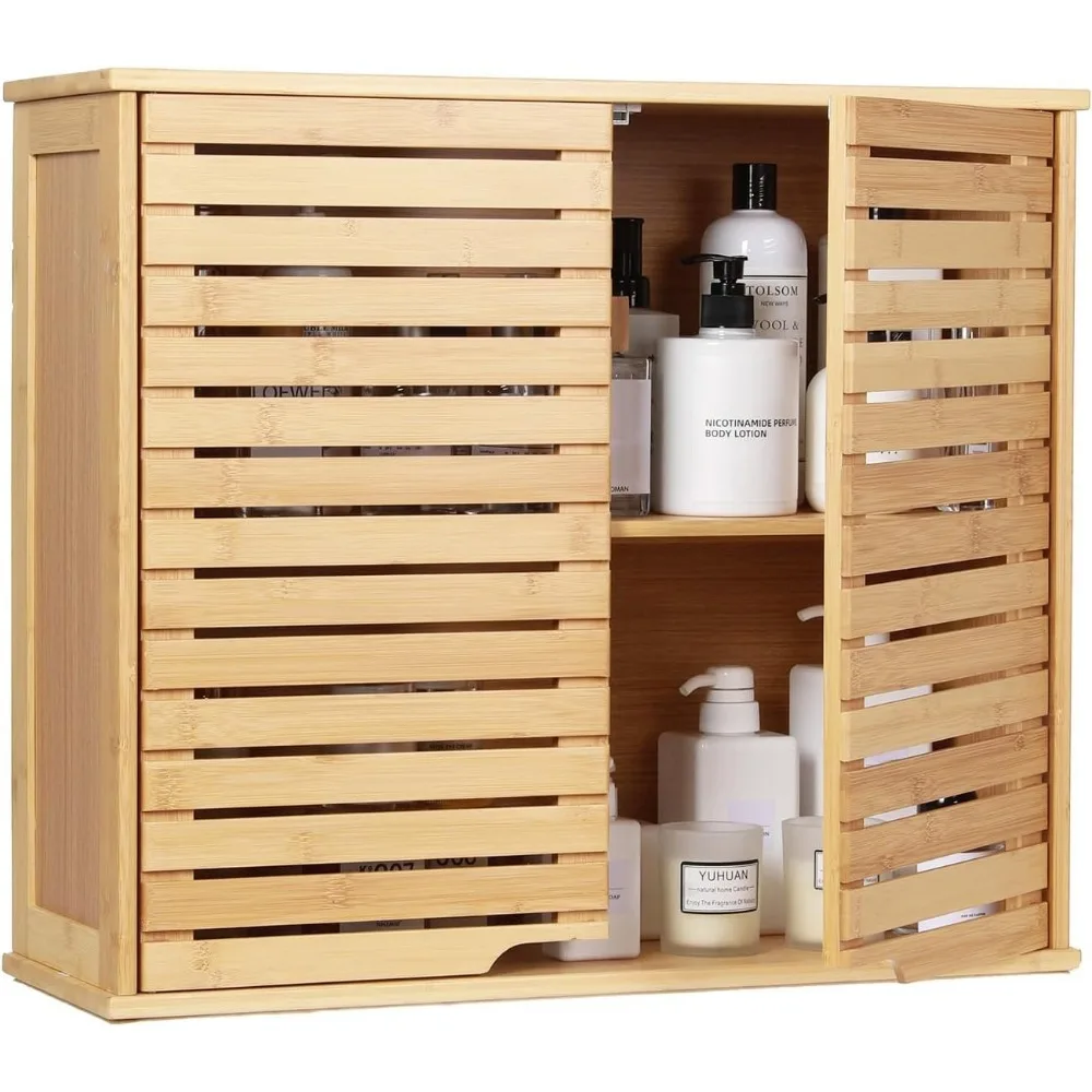 

Bathroom Wall Mounted Medicine Cabinet, Over-The-Toilet Storage Organizer,Bamboo 2 Tier Shelf with Double Door