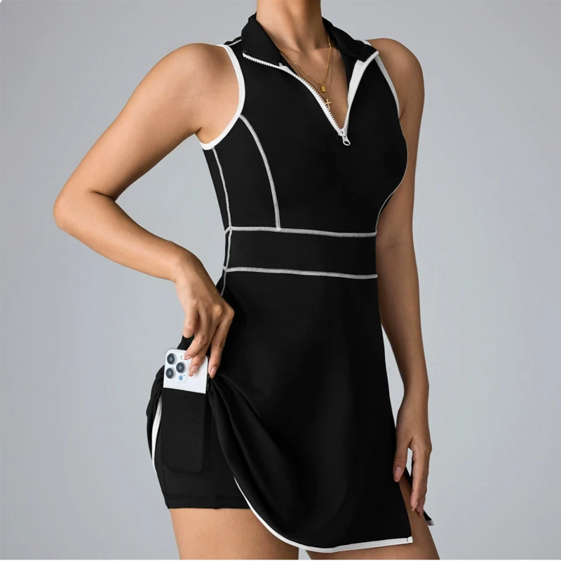 2025 Women Tennis Dress V-Neck Zipper Collar Sports Golf Dress with Shorts & Pockets Ladies Sleeveless Fitness Workout Skirts