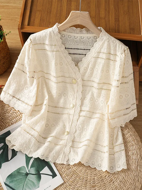 

V-Neck Short Sleeve Hollow out Inner Shirt Women's plus Size Summer Top Japanese Style Straight Cut Daily Wear Single Button