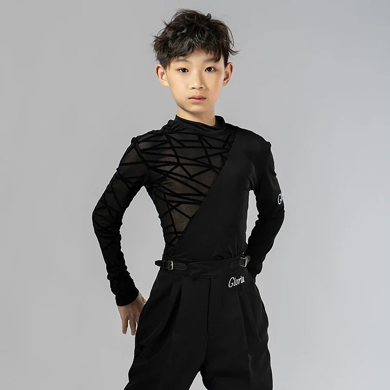 

Tops Ballroom Cha Cha Dance Training Clothes Black Shirt New Kids Boy Latin Dance Costumes Children Long Sleeve High-Neck
