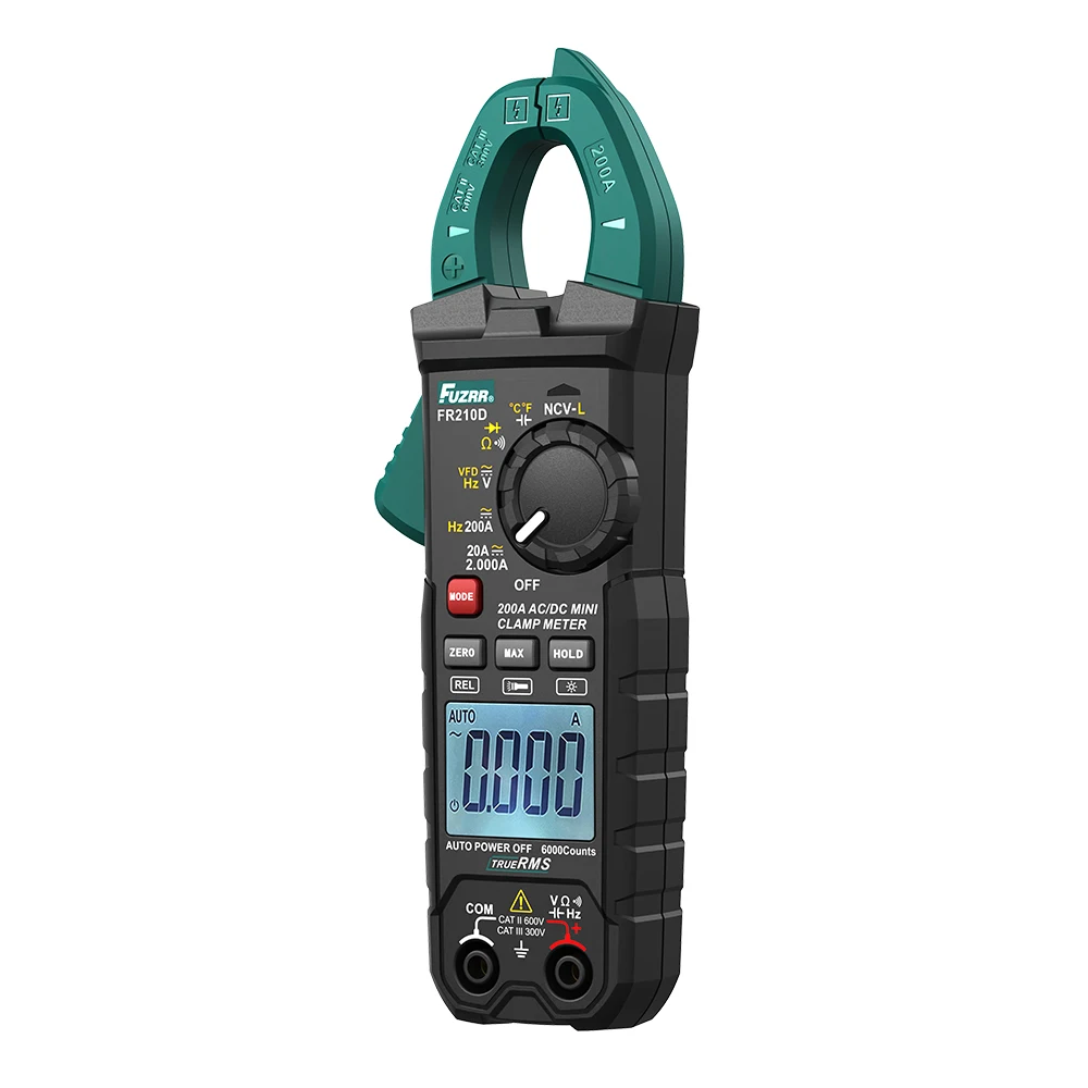 FR210D Digital Clamp Meter 4000 Counting True RMS AC/DC 200A Ohm Low Z NCV Multimeter with Resistance and Diode Measurement