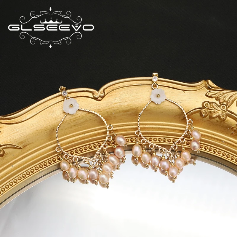 GLSEEVO Natural Pink Freshwater Pearls 18k Electroplated Gold Shell Flowers Drop Earrings vintage Luxury Wedding Jewelry GE1245 4