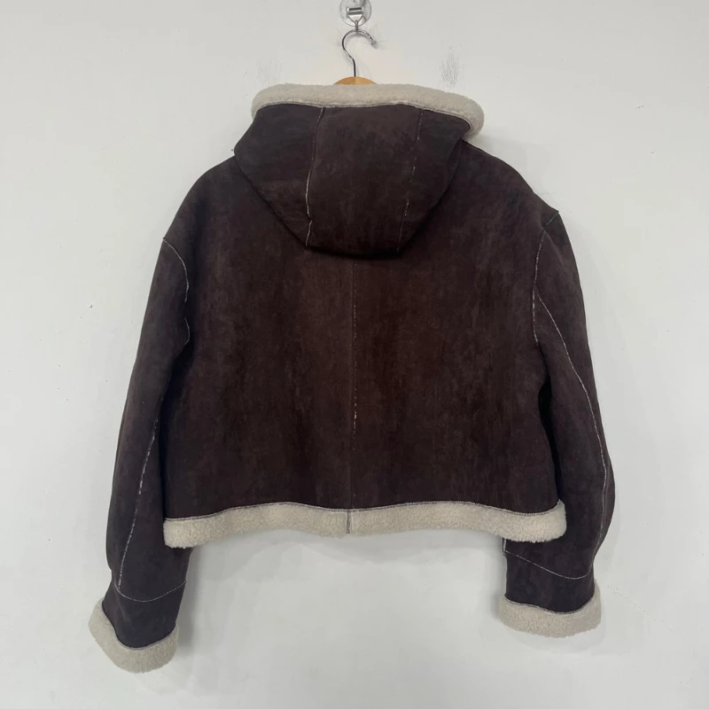 

Korean Stand Collar Hooded Fluff Horn Button Coat for Women Winter Thicken Spliced Long Sleeve Short Parkas Loose Casual Style