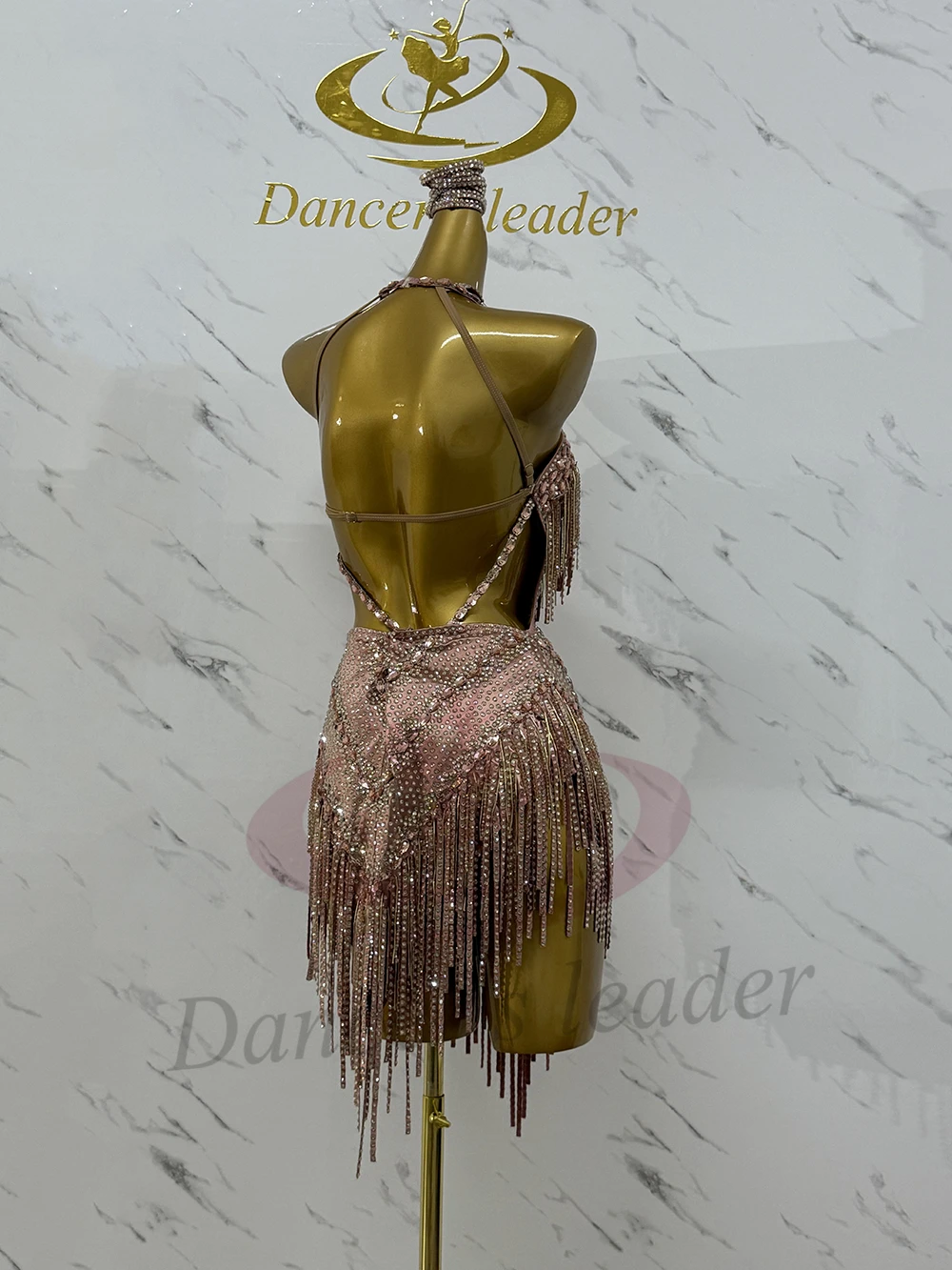 Latin Dancer Adult Children High end Customized Rose Gold Strap Dress Tango Samba AB Stone Performance Dress