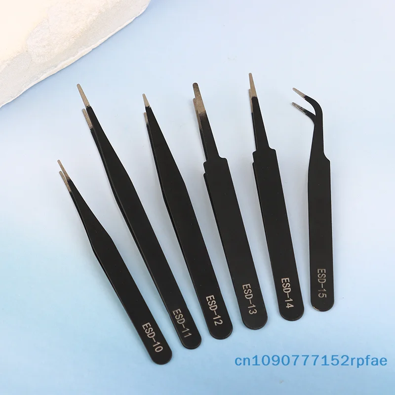 6 Pcs Set Precision ESD Anti-static Tweezers Durable Stainless Steel Tool For Electronic Repair And Process Modeling, Bending&St