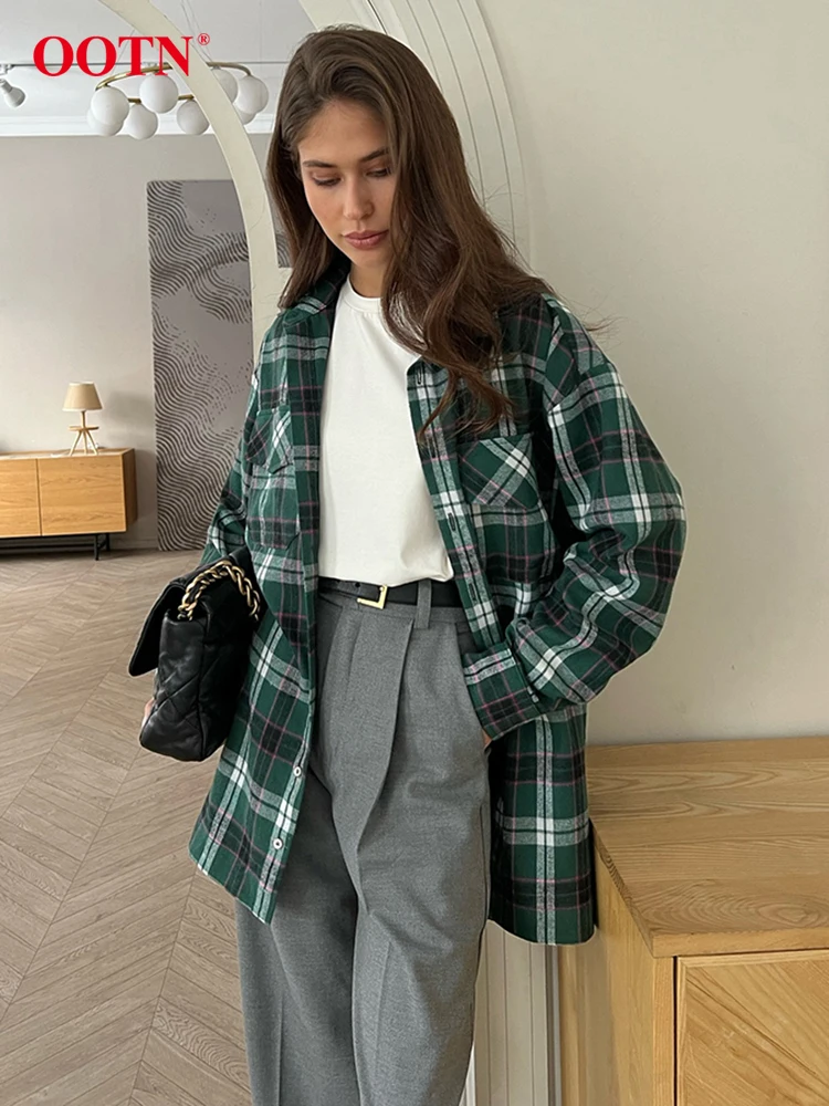 OOTN Elegant Plaid Green Shirts Blouses Women Fashion Long Sleeve Pockets Loose Shirts Coats Streetwear Long Sleeve Shirts 2024